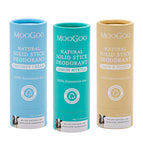 MooGoo 65g Natural Solid Stick Deodorants displayed on a white background. 100% aluminium free, plastic-free natural odour control.