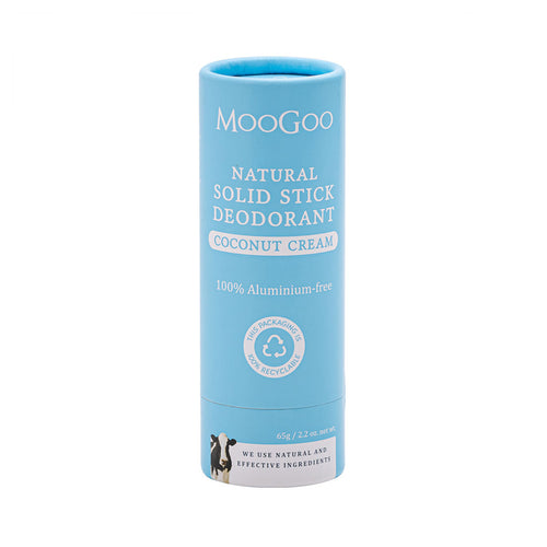 MooGoo Natural Solid Stick Deodorant Coconut Cream with recyclable paper packaging on white background, natural and aluminium free deodorant for sensitive skin and odour control.