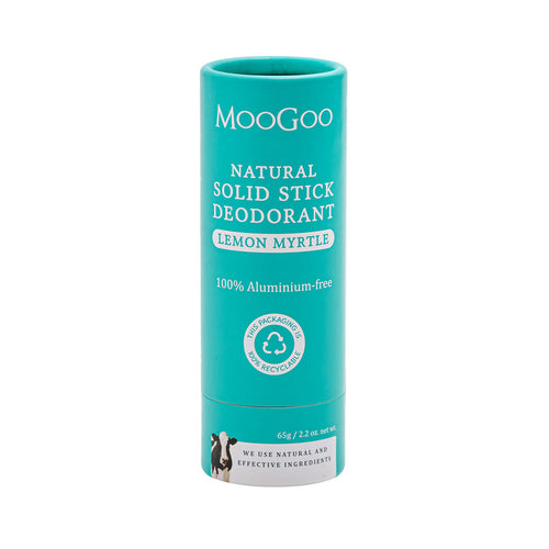 MooGoo Natural Solid Stick Deodorant Lemon Myrtle packshot on white backdrop, eco packaging aluminium free deodorant with natural fresh lemon myrtle fragrance