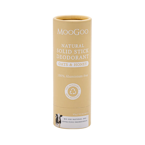 MooGoo 65g Natural Solid Stick Deodorant Oats & Honey on white background, aluminium free, natural odour control.