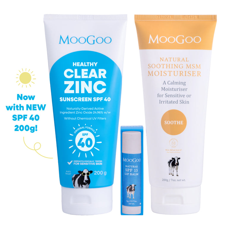 MooGoo Summer Essentials Pack on white background, bundle with SPF 40 Zinc Sunscreen, SPF 15 Lip Balm and Soothing MSM Moisturiser for after sun care.