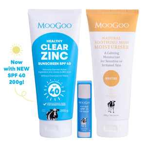 MooGoo Summer Essentials Pack on white background, bundle with SPF 40 Zinc Sunscreen, SPF 15 Lip Balm and Soothing MSM Moisturiser for after sun care.