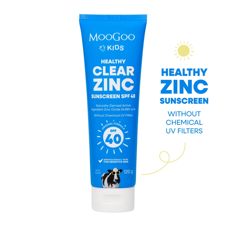 MooGoo Kids Clear Zinc Sunscreen SPF 40 120g on white background, a gentle zinc cream for UVA and UVB protection, kind to eczema prone skin. 