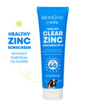 MooGoo Kids Clear Zinc Sunscreen SPF 40 120g on white background, a gentle zinc cream for UVA and UVB protection, kind to eczema prone skin. 