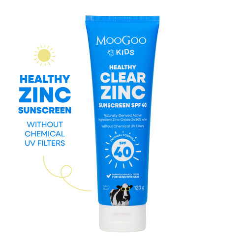 MooGoo Kids Clear Zinc Sunscreen SPF 40 120g on white background, a gentle zinc cream for UVA and UVB protection, kind to eczema prone skin. 