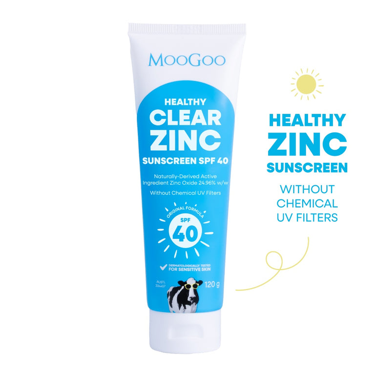 MooGoo Healthy Clear Zinc Sunscreen SPF 40 tube on a white background. No Chemical UV Filters, Zinc Oxide Based Sunscreen, with broad spectrum UVA & UVB protection.