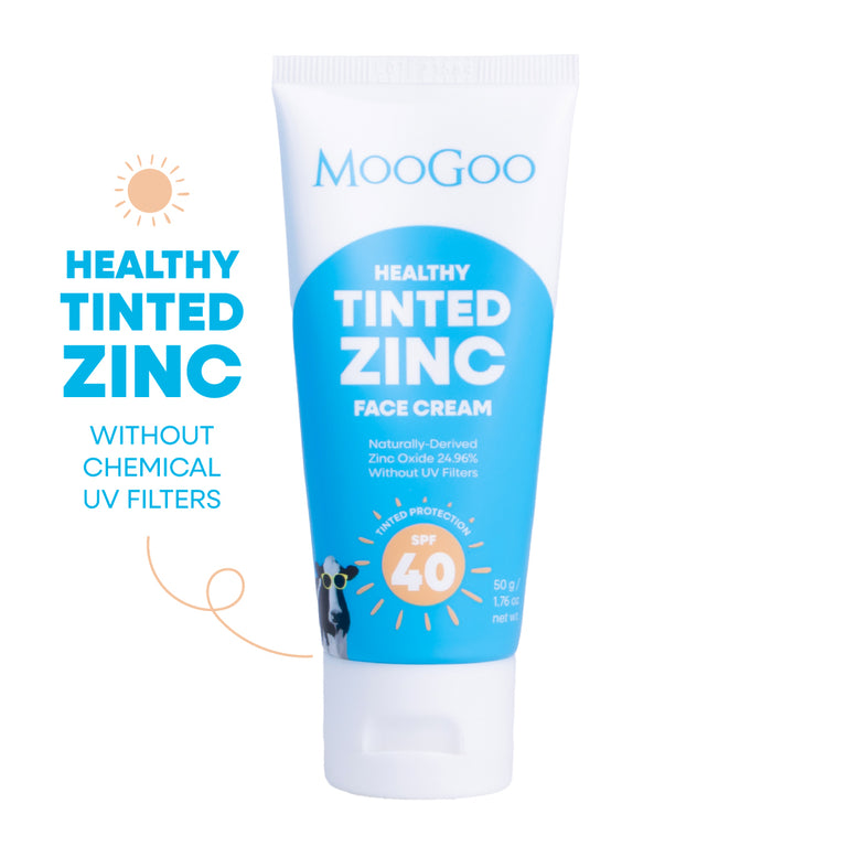 MooGoo Tinted SPF 40 Face Cream on white background, mineral zinc sunscreen with tint to smooth complexion, protect from UVA UVB, reduce redness