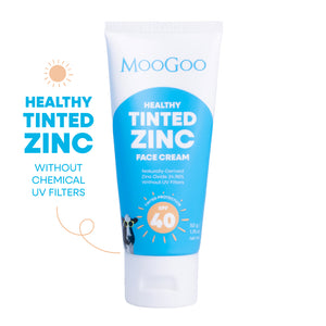 MooGoo Tinted SPF 40 Face Cream on white background, mineral zinc sunscreen with tint to smooth complexion, protect from UVA UVB, reduce redness