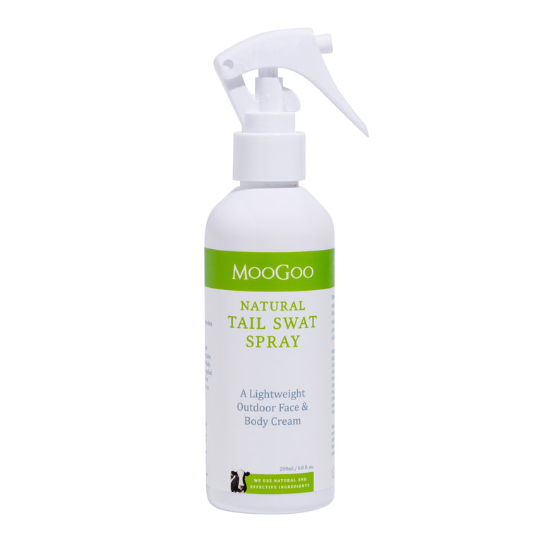 MooGoo Tail Swat Spray on white background, gentle moisturising body spray with hops extract, ideal for outdoor activities and sensitive skin types.