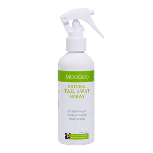 MooGoo Tail Swat Spray on white background, gentle moisturising body spray with hops extract, ideal for outdoor activities and sensitive skin types.