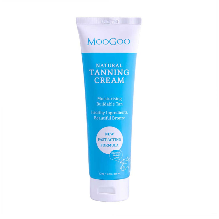 MooGoo Healthy Glow Tanning Cream tube on a white background. Rapid-Developing tanning cream, moisturising and fragrance-free. Hydrating self-tanner with DHA and erythrulose a golden streak-free tan