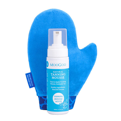 MooGoo Natural Tanning Mousse and Application Mitt bundle, lightweight water foam self tanner with aloe vera and pro vitamin B5