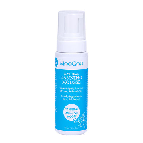 MooGoo Natural Tanning Mousse on white background, natural self tan mousse for streak-free, sunless bronzed skin, free from parabens and harsh chemicals.