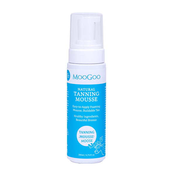 MooGoo Healthy Glow Tanning Mousse bottle on a white background. Buildable hydrating tanning mousse for dry and sensitive skin. Creates a bronzed healthy glow.  