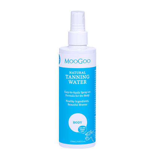 MooGoo Tanning Water Body on white background, natural spray-on self tan for sensitive skin, easy to apply and fast drying formula.