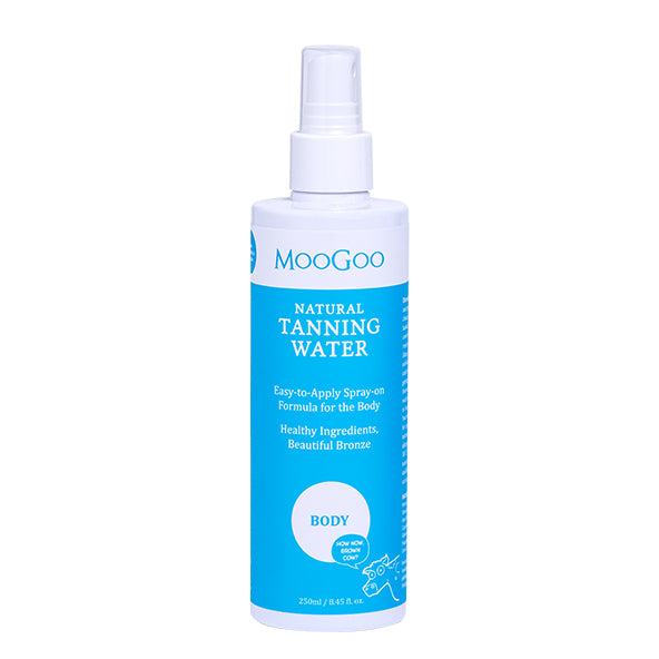 MooGoo Natural Healthy Glow Tanning Water in a light beige spray bottle with a white pump, shown on a white background. Natural spray-on self tan for sensitive skin, easy to apply and fast drying formula. Spray-on Body tanning water, lightweight & ultra-fast drying. 