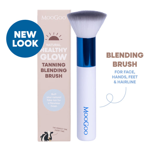 MooGoo tanning blending brush shown next to its packaging box on a white background, blending brush for face, hands, feet and hairline. 