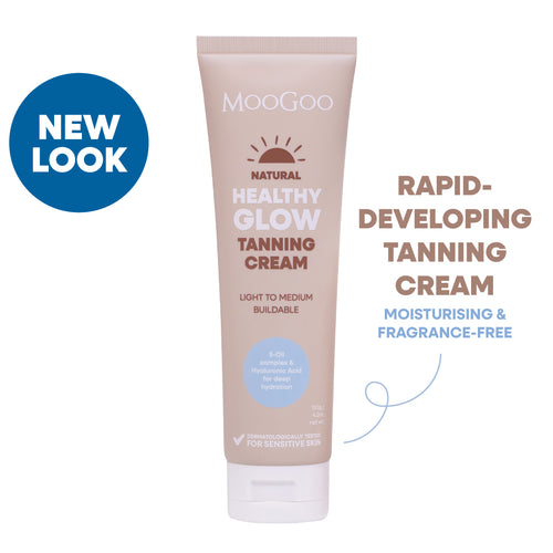MooGoo Healthy Glow Tanning Cream tube on a white background. Rapid-Developing tanning cream, moisturising and fragrance-free. Hydrating self-tanner with DHA and erythrulose a golden streak-free tan