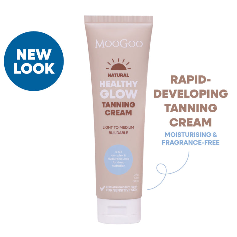 MooGoo Healthy Glow Tanning Cream tube on a white background. Rapid-Developing tanning cream, moisturising and fragrance-free. Hydrating self-tanner with DHA and erythrulose a golden streak-free tan