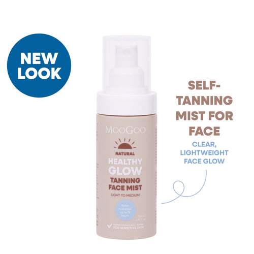 MooGoo Healthy Glow Tanning Face Mist bottle on a white background, clear self tanning water for a natural golden glow, suitable for sensitive skin. Self-tanning mist for face. Clear lightweight face glow. 