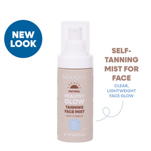 MooGoo Healthy Glow Tanning Face Mist bottle on a white background, clear self tanning water for a natural golden glow, suitable for sensitive skin. Self-tanning mist for face. Clear lightweight face glow. 