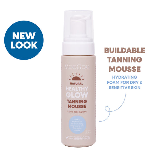 MooGoo Healthy Glow Tanning Mousse bottle on a white background. Buildable hydrating tanning mousse for dry and sensitive skin. Creates a bronzed healthy glow.  