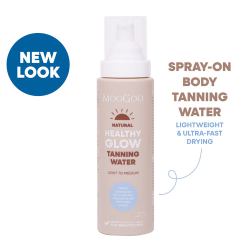 MooGoo Natural Healthy Glow Tanning Water in a light beige spray bottle with a white pump, shown on a white background. Natural spray-on self tan for sensitive skin, easy to apply and fast drying formula. Spray-on Body tanning water, lightweight & ultra-fast drying. 
