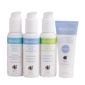 MooGoo Travel Pack on white background, mini shampoo, conditioner, milk wash and moisturiser for sensitive skin, hydration and scalp health