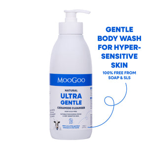 A white pump bottle of MooGoo Natural Ultra Gentle Ceramide Cleanser body wash, shown on a white background with blue promotional text on the right. For eczema prone and hypersensitive skin with ceramides to strengthen skin.