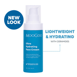 MooGoo Ultra Hydrating Face Cream pump bottle in a bright blue color with a white cap, shown on a white background. Lightweight daily cream with ceramides to strengthen skin barrier and improve hydration.