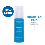MooGoo Vitamin C Brightening Active Serum in a bright blue pump bottle with a white cap, shown on a white background. Antioxidant serum to target pigmentation, dark spots and sun damage.