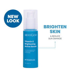 MooGoo Vitamin C Brightening Active Serum in a bright blue pump bottle with a white cap, shown on a white background. Antioxidant serum to target pigmentation, dark spots and sun damage.