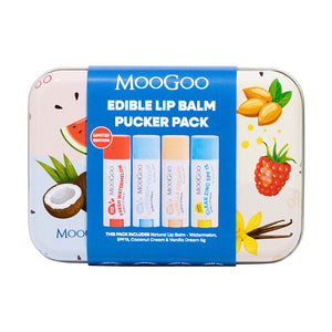 MooGoo Edible Lip Balm Pucker Pack in a colourful metal tin with fruit graphics on the tin. The pack includes fresh watermelon, coconut cream, SPF15 and vanilla dream lip balms on a white background. 
