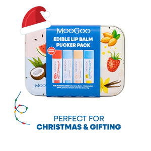 MooGoo Edible Lip Balm Pucker Pack in a colourful metal tin with fruit graphics on the tin. The pack includes fresh watermelon, coconut cream, SPF15 and vanilla dream lip balms on a white background. 