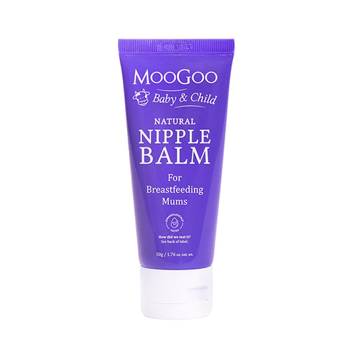 MooGoo Baby & Child Natural Nipple Balm 50g on white background, soothing edible and natural balm for breastfeeding mums to hydrate and protect sensitive skin