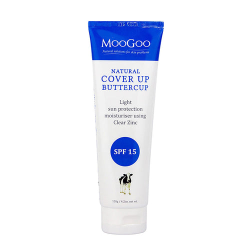 MooGoo Natural Cover Up Buttercup SPF 15 displayed on plain backdrop, light zinc moisturiser with antioxidant protection for all skin types